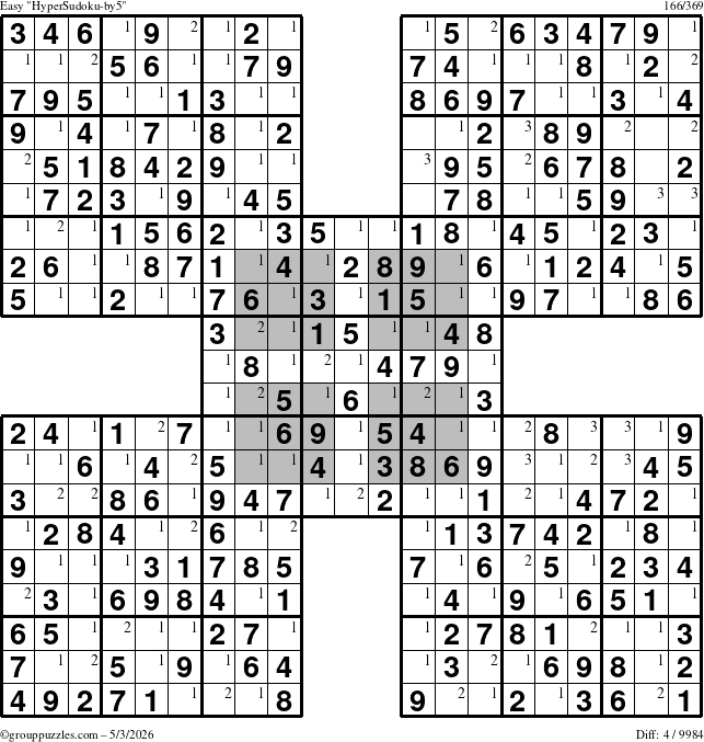 The grouppuzzles.com Easy HyperSudoku-by5 puzzle for Sunday May 3, 2026 with the first 3 steps marked