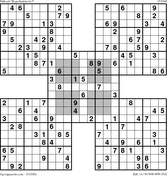 The grouppuzzles.com Difficult HyperSudoku-by5 puzzle for Sunday May 3, 2026