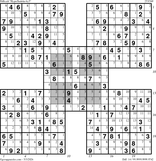 The grouppuzzles.com Difficult HyperSudoku-by5 puzzle for Sunday May 3, 2026 with all 14 steps marked