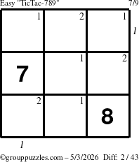 The grouppuzzles.com Easy TicTac-789 puzzle for Sunday May 3, 2026 with all 2 steps marked