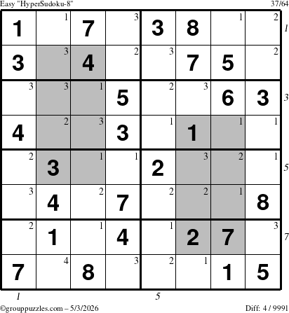 The grouppuzzles.com Easy HyperSudoku-8 puzzle for Sunday May 3, 2026, suitable for printing, with all 4 steps marked