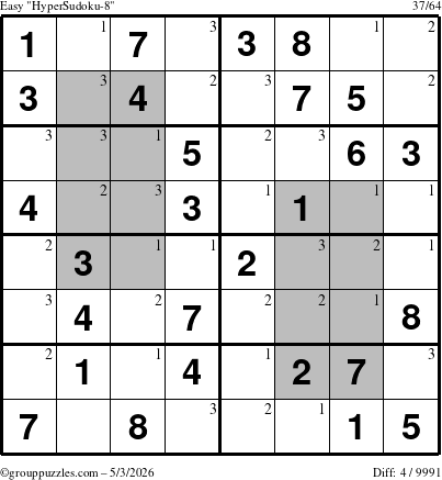 The grouppuzzles.com Easy HyperSudoku-8 puzzle for Sunday May 3, 2026 with the first 3 steps marked