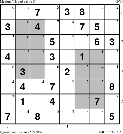 The grouppuzzles.com Medium HyperSudoku-8 puzzle for Sunday May 3, 2026, suitable for printing, with all 7 steps marked