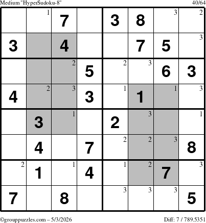 The grouppuzzles.com Medium HyperSudoku-8 puzzle for Sunday May 3, 2026 with the first 3 steps marked