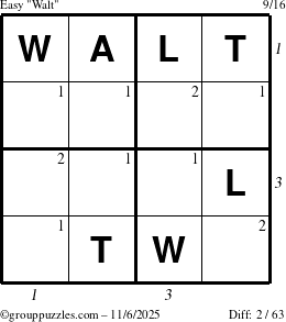 The grouppuzzles.com Easy Walt puzzle for Thursday November 6, 2025, suitable for printing, with all 2 steps marked