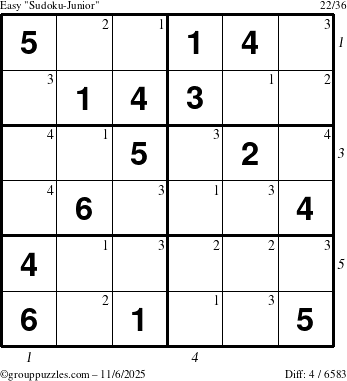 The grouppuzzles.com Easy Sudoku-Junior puzzle for Thursday November 6, 2025 with all 4 steps marked