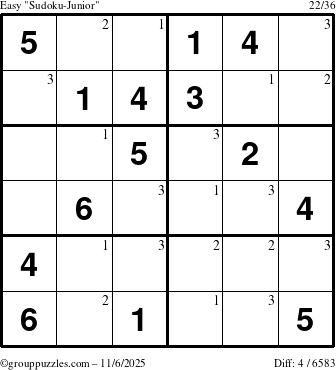 The grouppuzzles.com Easy Sudoku-Junior puzzle for Thursday November 6, 2025 with the first 3 steps marked