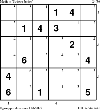 The grouppuzzles.com Medium Sudoku-Junior puzzle for Thursday November 6, 2025 with all 6 steps marked