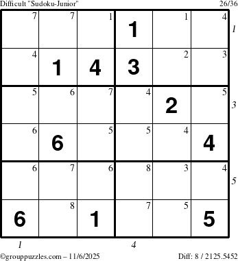 The grouppuzzles.com Difficult Sudoku-Junior puzzle for Thursday November 6, 2025 with all 8 steps marked