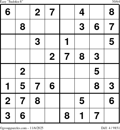The grouppuzzles.com Easy Sudoku-8 puzzle for Thursday November 6, 2025