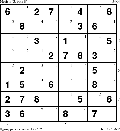 The grouppuzzles.com Medium Sudoku-8 puzzle for Thursday November 6, 2025, suitable for printing, with all 5 steps marked