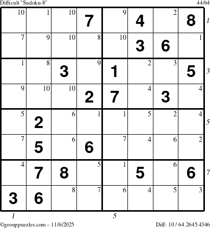 The grouppuzzles.com Difficult Sudoku-8 puzzle for Thursday November 6, 2025 with all 10 steps marked
