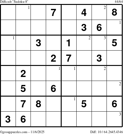 The grouppuzzles.com Difficult Sudoku-8 puzzle for Thursday November 6, 2025 with the first 3 steps marked