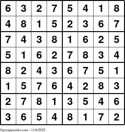 The grouppuzzles.com Answer grid for the Sudoku-8 puzzle for Thursday November 6, 2025