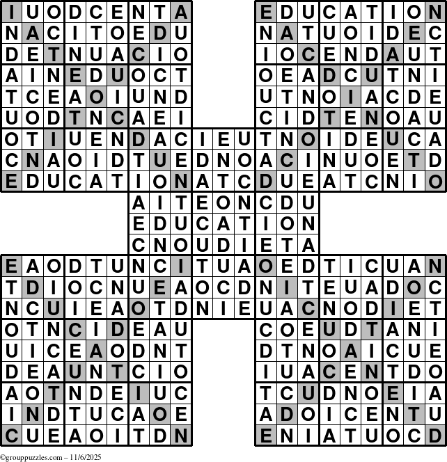 The grouppuzzles.com Answer grid for the Education-Xtreme puzzle for Thursday November 6, 2025