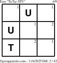 The grouppuzzles.com Easy TicTac-STU puzzle for Thursday November 6, 2025 with the first 2 steps marked