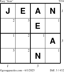 The grouppuzzles.com Easy Jean puzzle for Sunday June 1, 2025 with all 3 steps marked