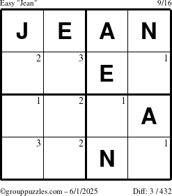 The grouppuzzles.com Easy Jean puzzle for Sunday June 1, 2025 with the first 3 steps marked