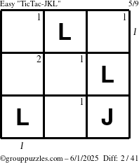 The grouppuzzles.com Easy TicTac-JKL puzzle for Sunday June 1, 2025 with all 2 steps marked