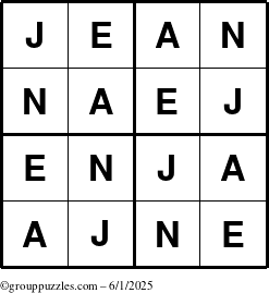 The grouppuzzles.com Answer grid for the Jean puzzle for Sunday June 1, 2025