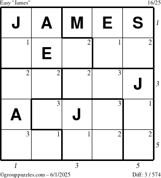 The grouppuzzles.com Easy James puzzle for Sunday June 1, 2025 with all 3 steps marked