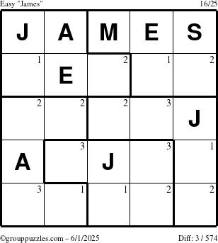 The grouppuzzles.com Easy James puzzle for Sunday June 1, 2025 with the first 3 steps marked