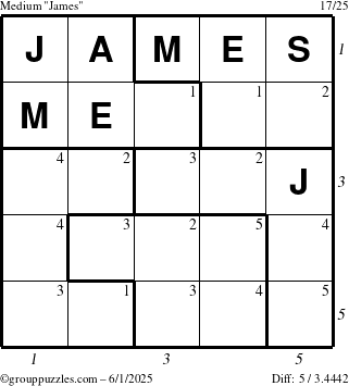 The grouppuzzles.com Medium James puzzle for Sunday June 1, 2025, suitable for printing, with all 5 steps marked