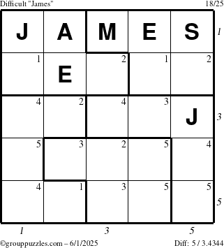 The grouppuzzles.com Difficult James puzzle for Sunday June 1, 2025 with all 5 steps marked