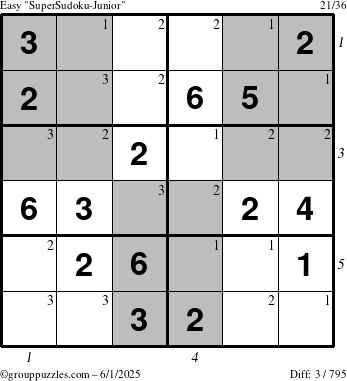 The grouppuzzles.com Easy SuperSudoku-Junior puzzle for Sunday June 1, 2025 with all 3 steps marked