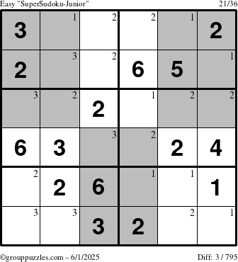 The grouppuzzles.com Easy SuperSudoku-Junior puzzle for Sunday June 1, 2025 with the first 3 steps marked