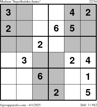 The grouppuzzles.com Medium SuperSudoku-Junior puzzle for Sunday June 1, 2025