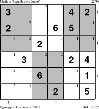 The grouppuzzles.com Medium SuperSudoku-Junior puzzle for Sunday June 1, 2025 with all 3 steps marked