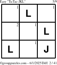The grouppuzzles.com Easy TicTac-JKL puzzle for Sunday June 1, 2025 with the first 2 steps marked