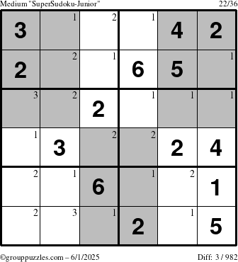 The grouppuzzles.com Medium SuperSudoku-Junior puzzle for Sunday June 1, 2025 with the first 3 steps marked