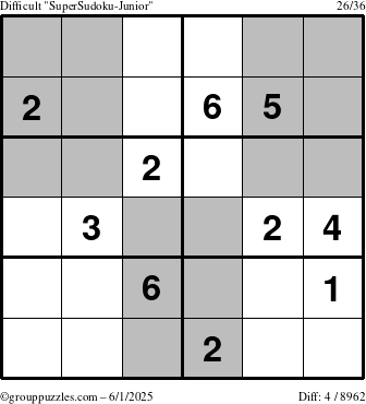 The grouppuzzles.com Difficult SuperSudoku-Junior puzzle for Sunday June 1, 2025