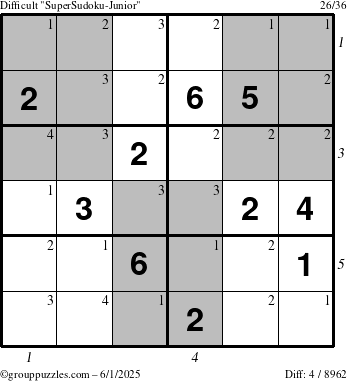 The grouppuzzles.com Difficult SuperSudoku-Junior puzzle for Sunday June 1, 2025 with all 4 steps marked