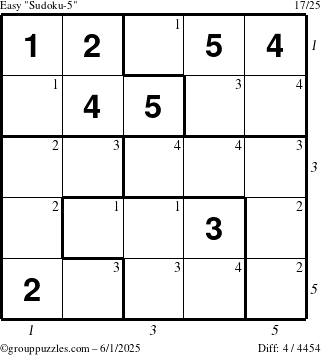 The grouppuzzles.com Easy Sudoku-5 puzzle for Sunday June 1, 2025 with all 4 steps marked