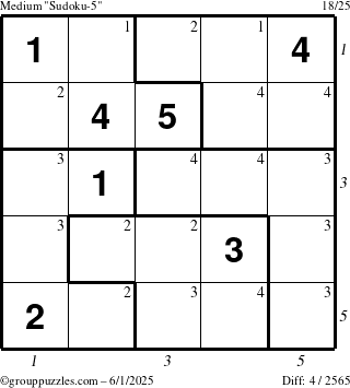 The grouppuzzles.com Medium Sudoku-5 puzzle for Sunday June 1, 2025 with all 4 steps marked
