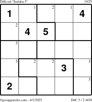 The grouppuzzles.com Difficult Sudoku-5 puzzle for Sunday June 1, 2025 with the first 3 steps marked