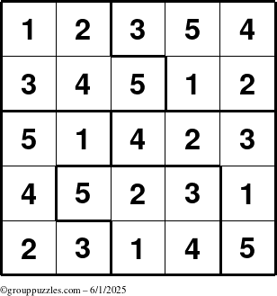 The grouppuzzles.com Answer grid for the Sudoku-5 puzzle for Sunday June 1, 2025