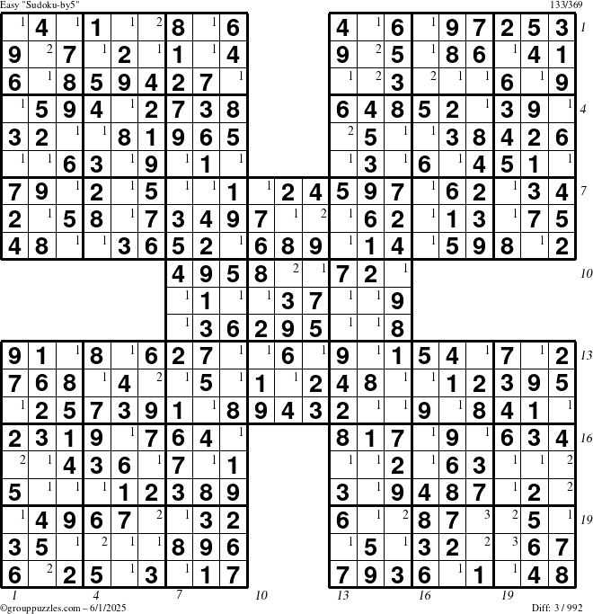 The grouppuzzles.com Easy Sudoku-by5 puzzle for Sunday June 1, 2025 with all 3 steps marked