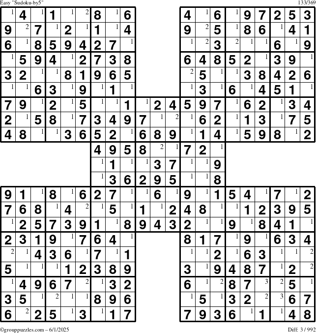 The grouppuzzles.com Easy Sudoku-by5 puzzle for Sunday June 1, 2025 with the first 3 steps marked