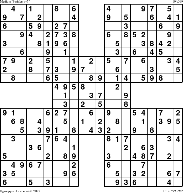 The grouppuzzles.com Medium Sudoku-by5 puzzle for Sunday June 1, 2025
