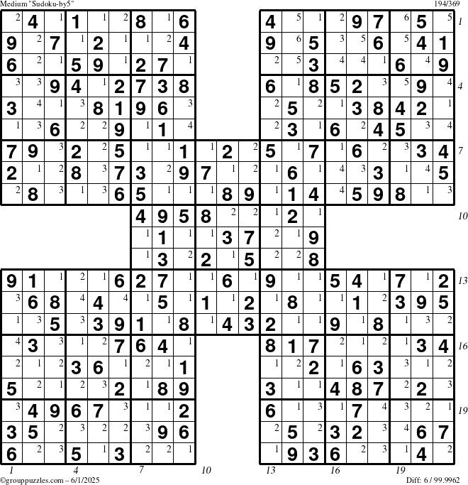The grouppuzzles.com Medium Sudoku-by5 puzzle for Sunday June 1, 2025 with all 6 steps marked