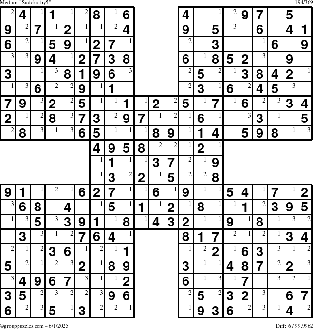 The grouppuzzles.com Medium Sudoku-by5 puzzle for Sunday June 1, 2025 with the first 3 steps marked