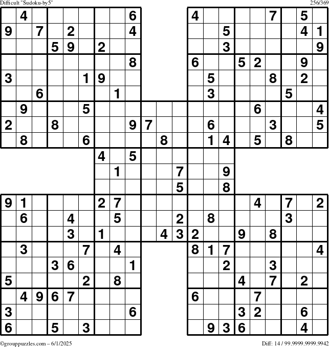 The grouppuzzles.com Difficult Sudoku-by5 puzzle for Sunday June 1, 2025