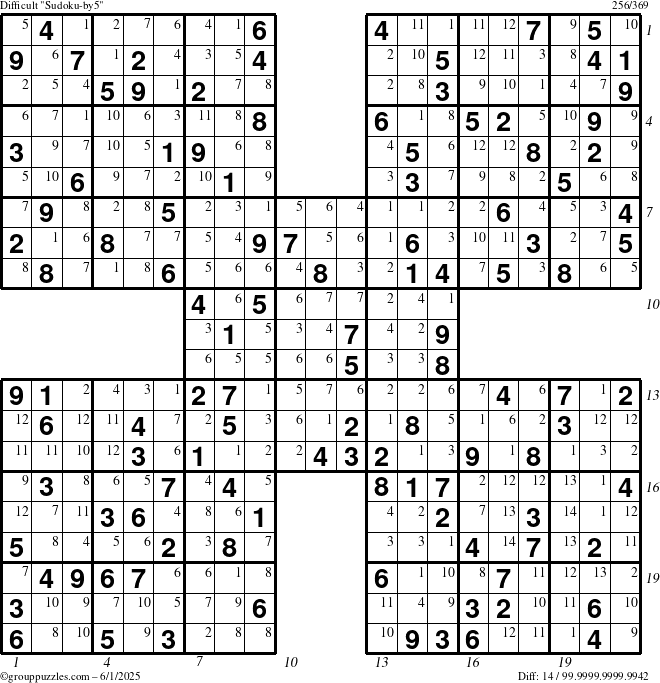 The grouppuzzles.com Difficult Sudoku-by5 puzzle for Sunday June 1, 2025 with all 14 steps marked