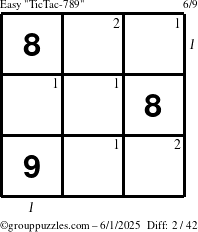 The grouppuzzles.com Easy TicTac-789 puzzle for Sunday June 1, 2025 with all 2 steps marked