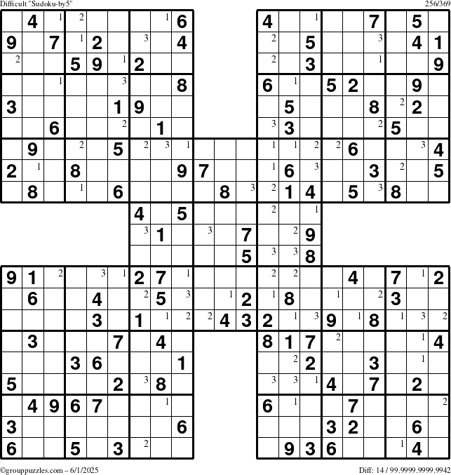 The grouppuzzles.com Difficult Sudoku-by5 puzzle for Sunday June 1, 2025 with the first 3 steps marked