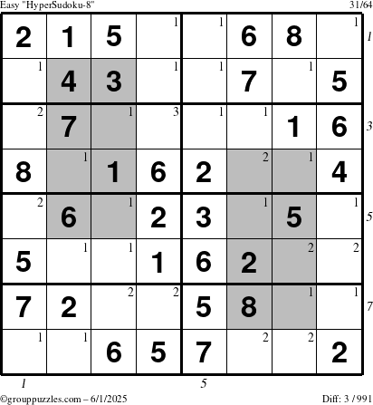 The grouppuzzles.com Easy HyperSudoku-8 puzzle for Sunday June 1, 2025 with all 3 steps marked